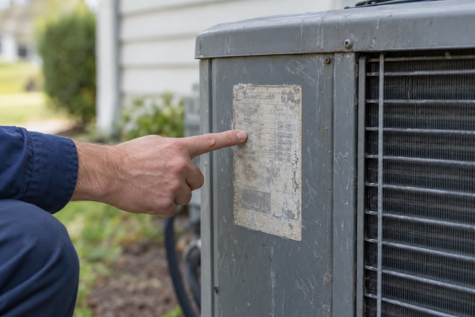 Finger pointing at the faded rating label on an outdoor AC unit