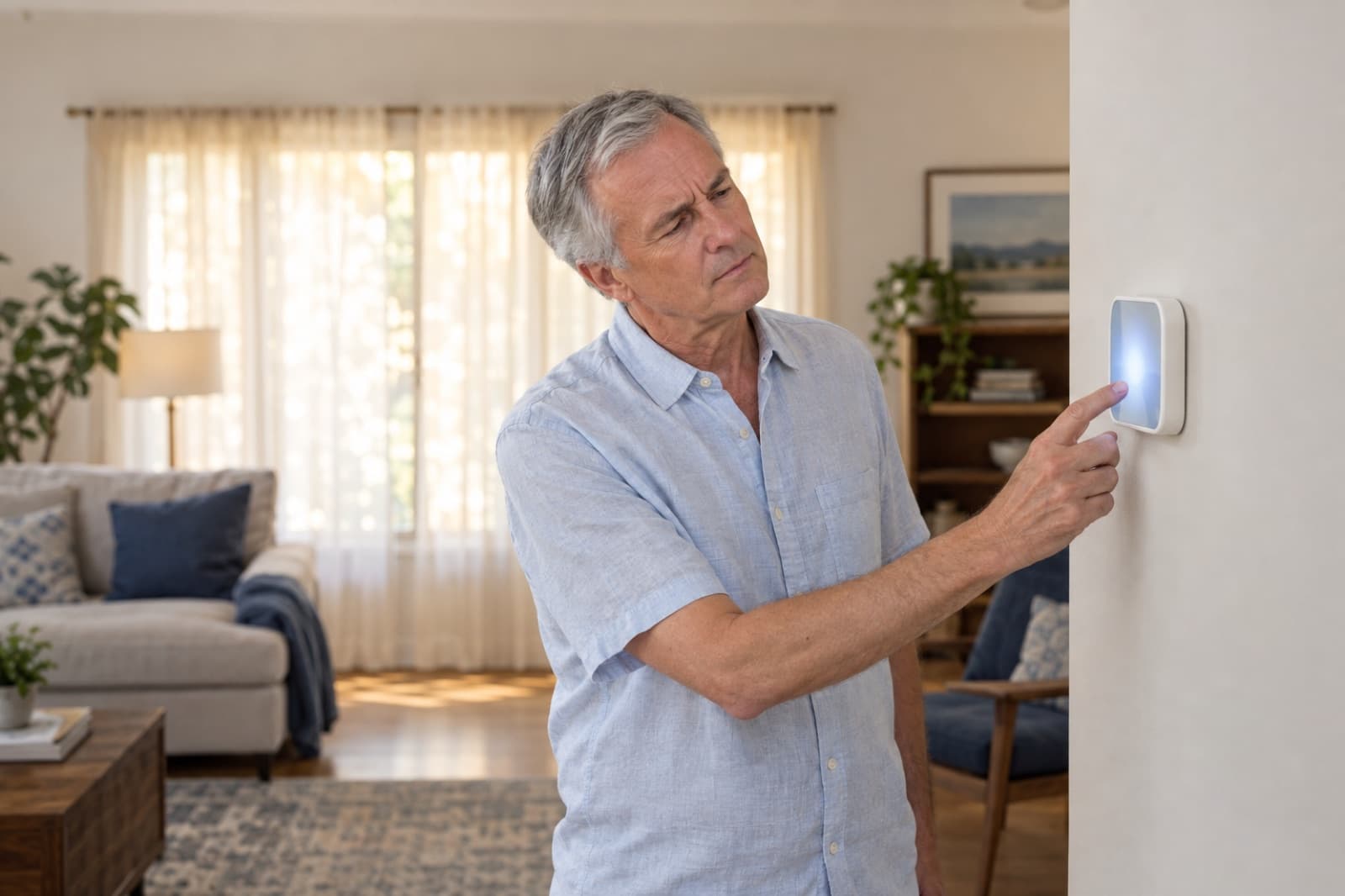 Homeowner adjusting a wall thermostat in a living room