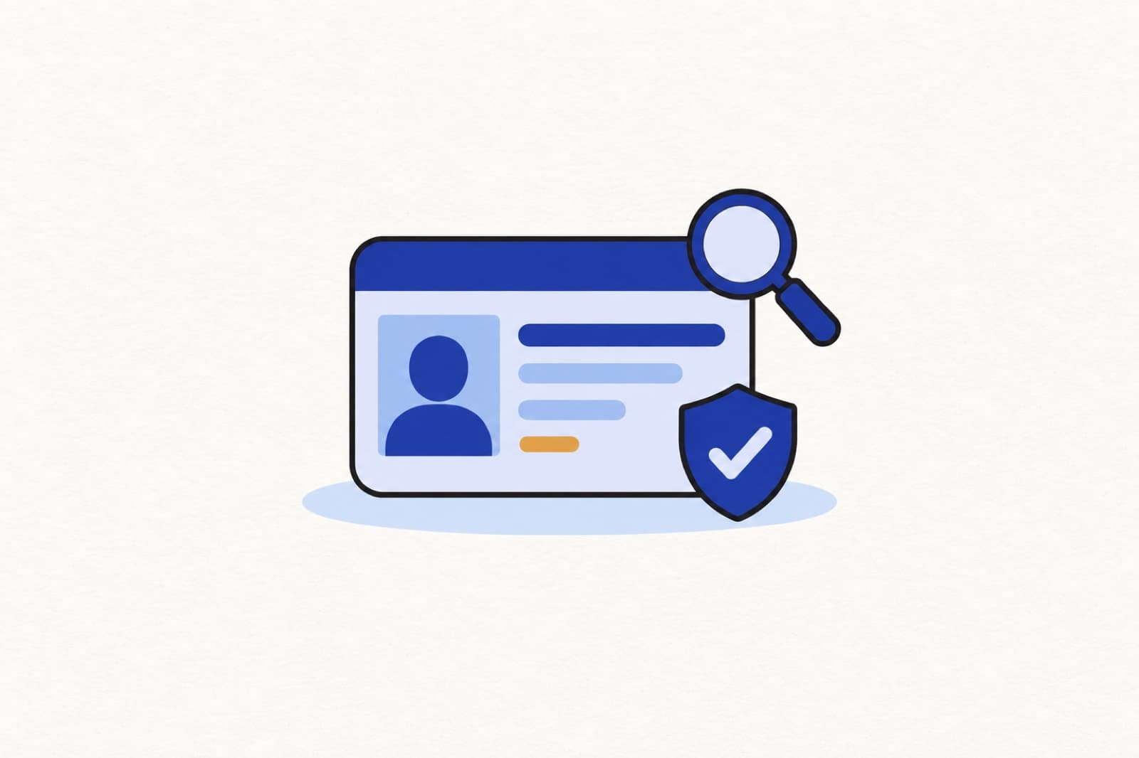 Illustration of a contractor license ID card under a magnifying glass with a verified checkmark shield