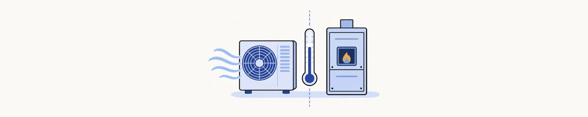 Side-by-side illustration of an outdoor heat pump blowing air and a gas furnace with a small flame, separated by a thermometer