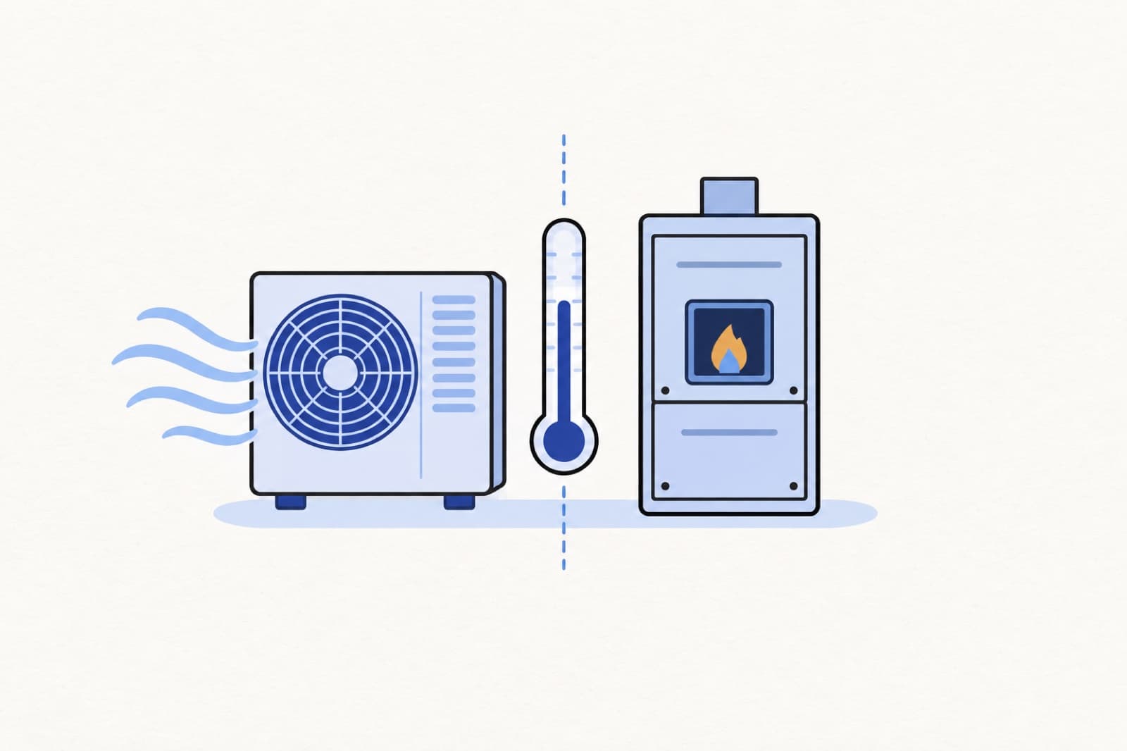 Side-by-side illustration of an outdoor heat pump blowing air and a gas furnace with a small flame, separated by a thermometer