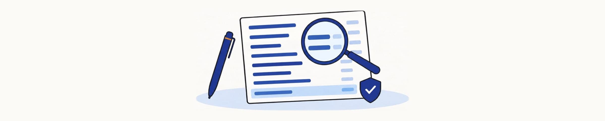 Illustration of an HVAC contractor quote sheet with a magnifying glass enlarging two line items, a pen beside it and a checkmark shield on the corner