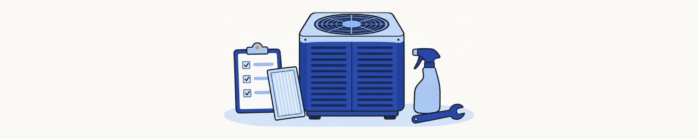 Illustration of an outdoor AC condenser surrounded by a ticked checklist clipboard, a pleated air filter, a spray bottle and a wrench