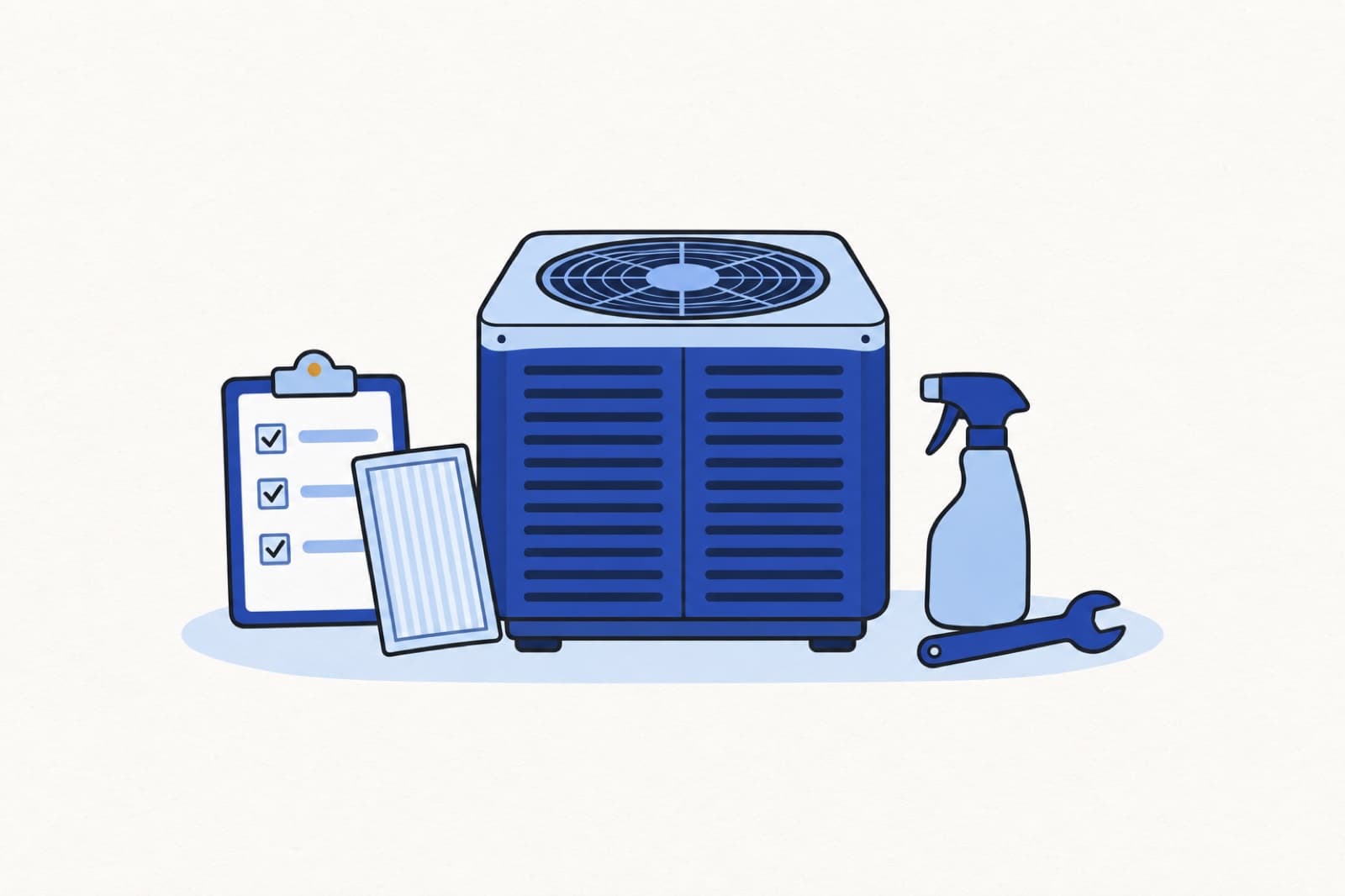 Illustration of an outdoor AC condenser surrounded by a ticked checklist clipboard, a pleated air filter, a spray bottle and a wrench