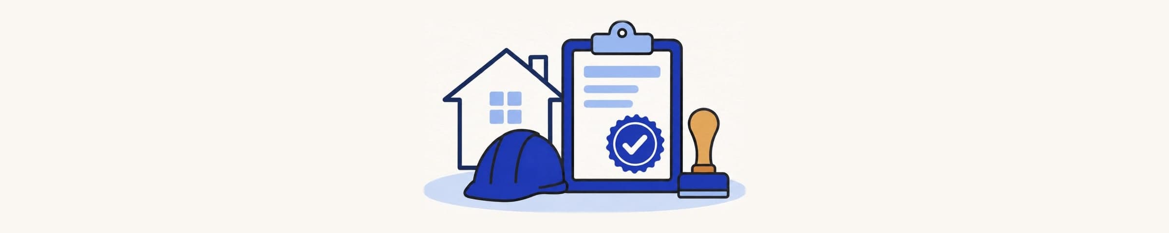 Illustration of a clipboard with an approval seal, a rubber stamp, a hard hat and a house outline