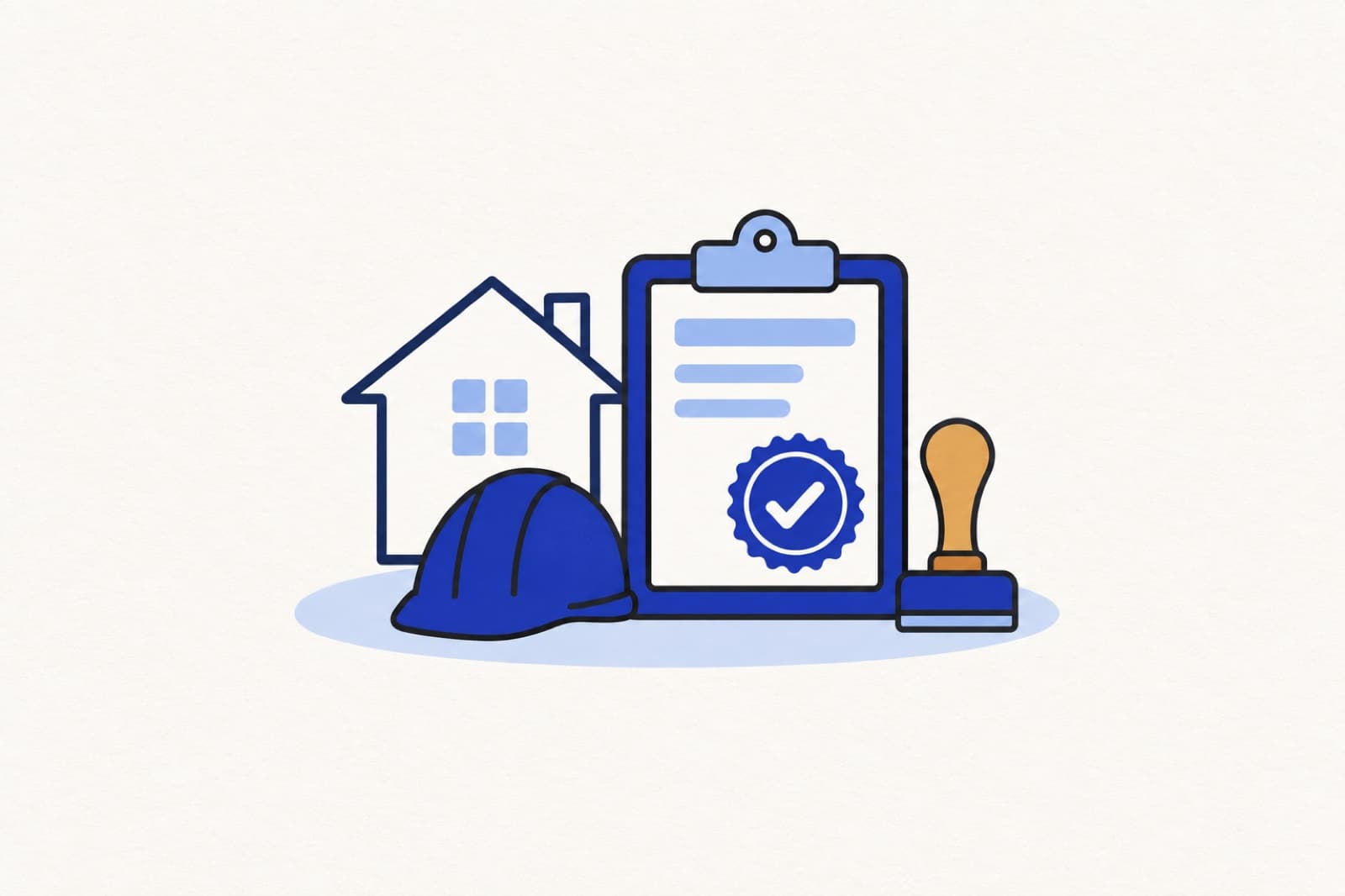 Illustration of a clipboard with an approval seal, a rubber stamp, a hard hat and a house outline