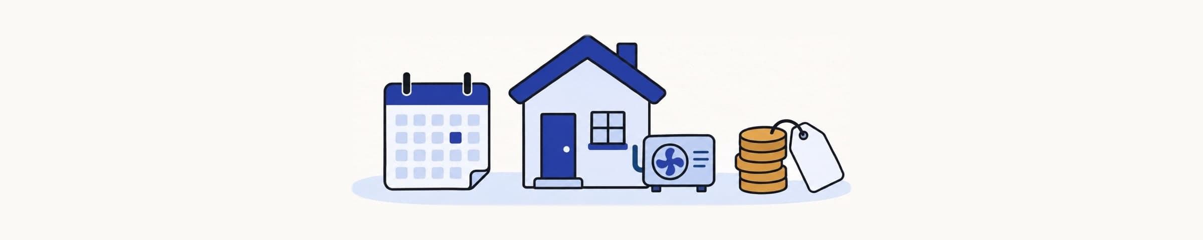 Illustration of a house with a heat pump outside, flanked by a calendar page with one day marked and a stack of coins with a blank rebate tag
