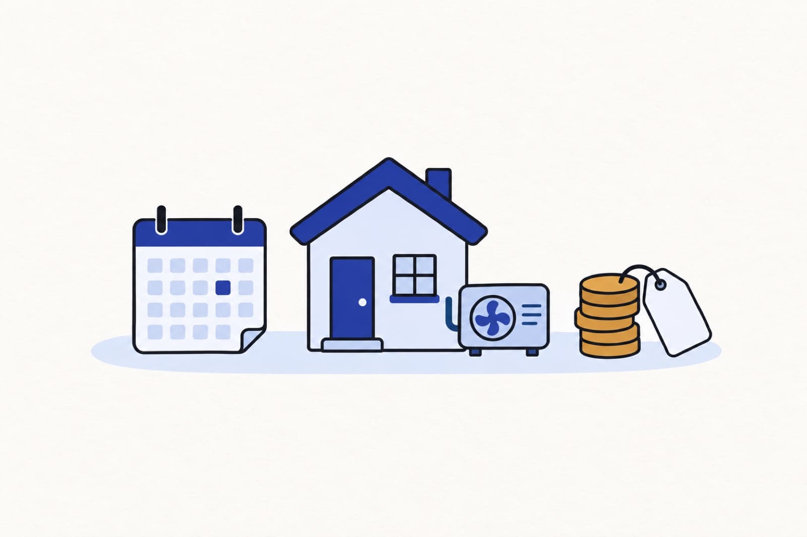 Illustration of a house with a heat pump outside, flanked by a calendar page with one day marked and a stack of coins with a blank rebate tag