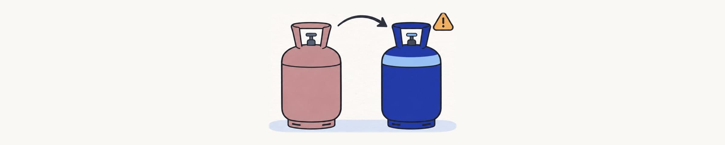 Illustration of an older rose-colored refrigerant cylinder with an arrow pointing to a newer navy cylinder marked by a small caution triangle