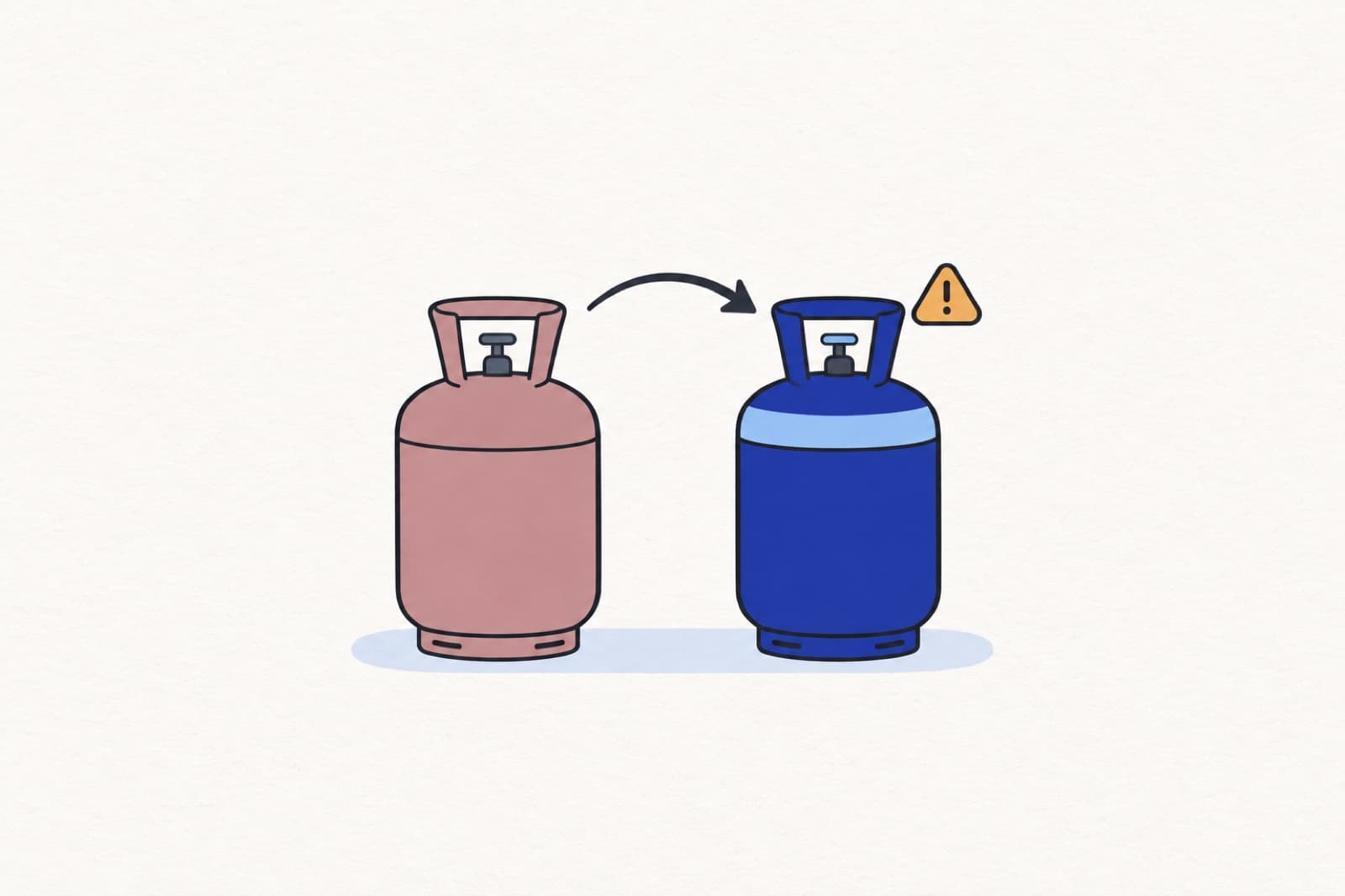 Illustration of an older rose-colored refrigerant cylinder with an arrow pointing to a newer navy cylinder marked by a small caution triangle