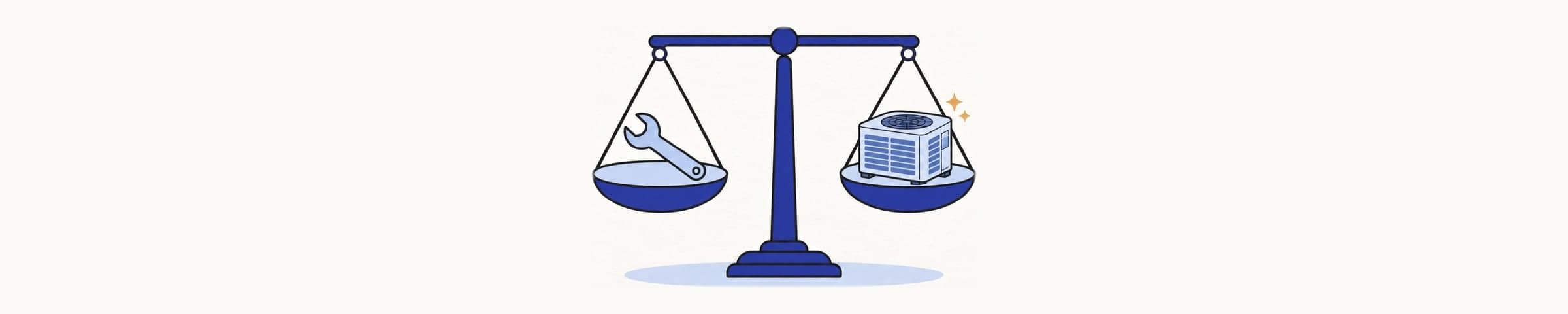 Illustration of a balance scale weighing a repair wrench on one pan against a new outdoor AC condenser on the other