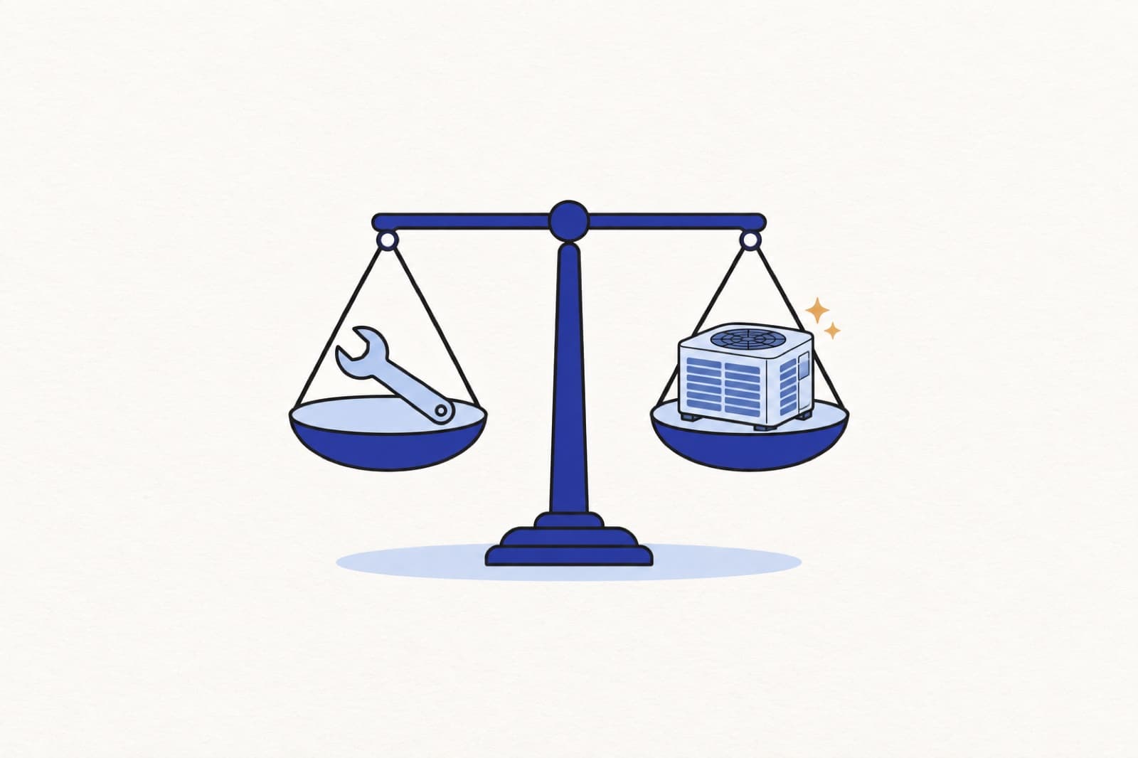Illustration of a balance scale weighing a repair wrench on one pan against a new outdoor AC condenser on the other