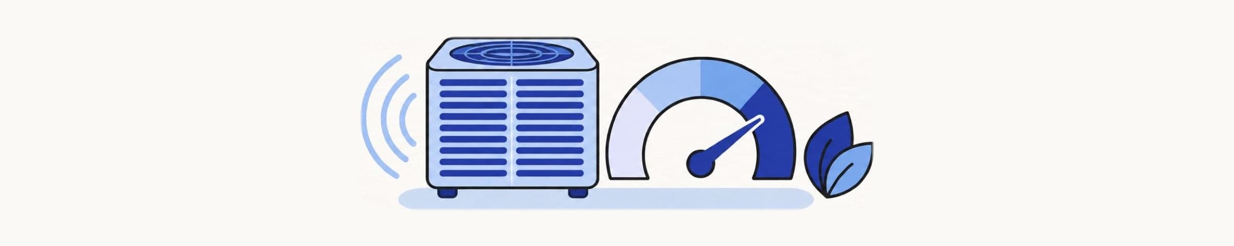 Illustration of an outdoor AC condenser next to an efficiency gauge with the needle in the high zone and a green-energy leaf