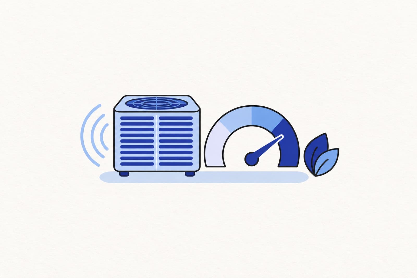 Illustration of an outdoor AC condenser next to an efficiency gauge with the needle in the high zone and a green-energy leaf