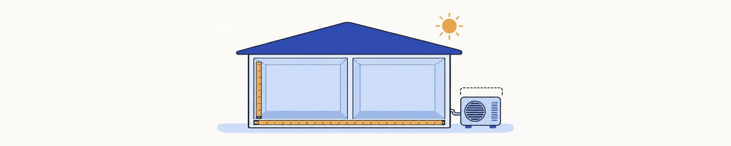 Cutaway illustration of a single-story house measured with tape measures, with an outdoor AC unit sized to a bracket and the sun overhead