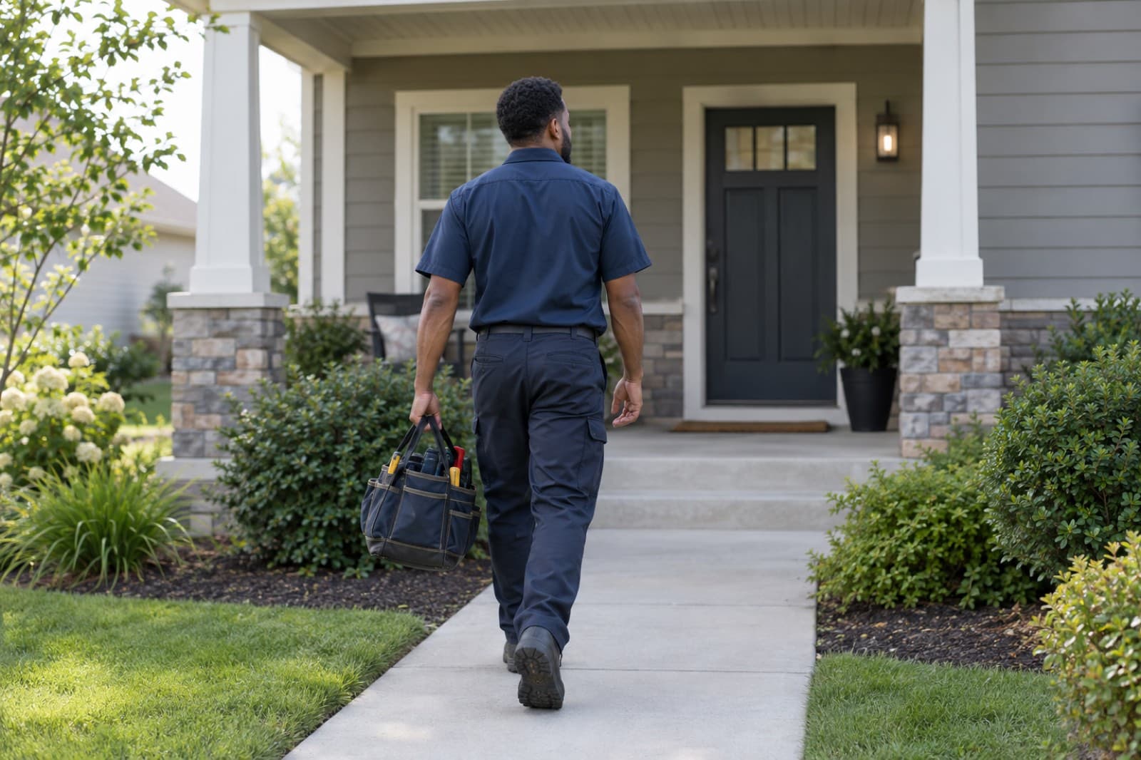 HVAC technician with a tool bag walking up to a home's front door