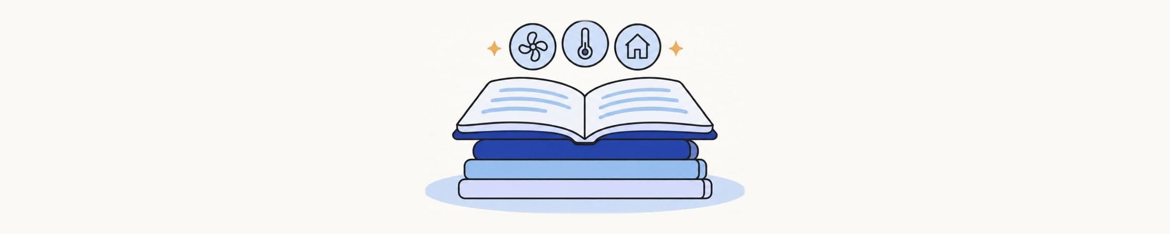 Illustration of an open book on a stack of booklets with fan, thermometer and house icons floating above